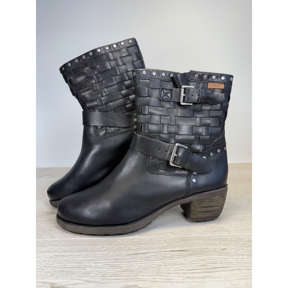 Pikolinos Le Mans Women's 40 Black Woven Leather Studded Moto Mid Calf Boots